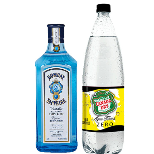 GIN BOMBAY SAPPHIRE 700CC + AGUA TÓNICA ZERO CANADA DRY 1.5LTS - Bar Abierto